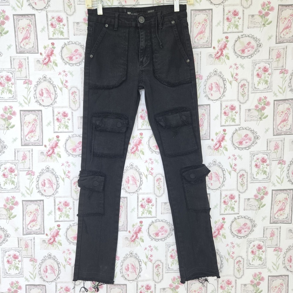 WAIMEA Youth Stacked Fit Cargo Jeans Black Multi Pocket Streetwear Denim Size 14